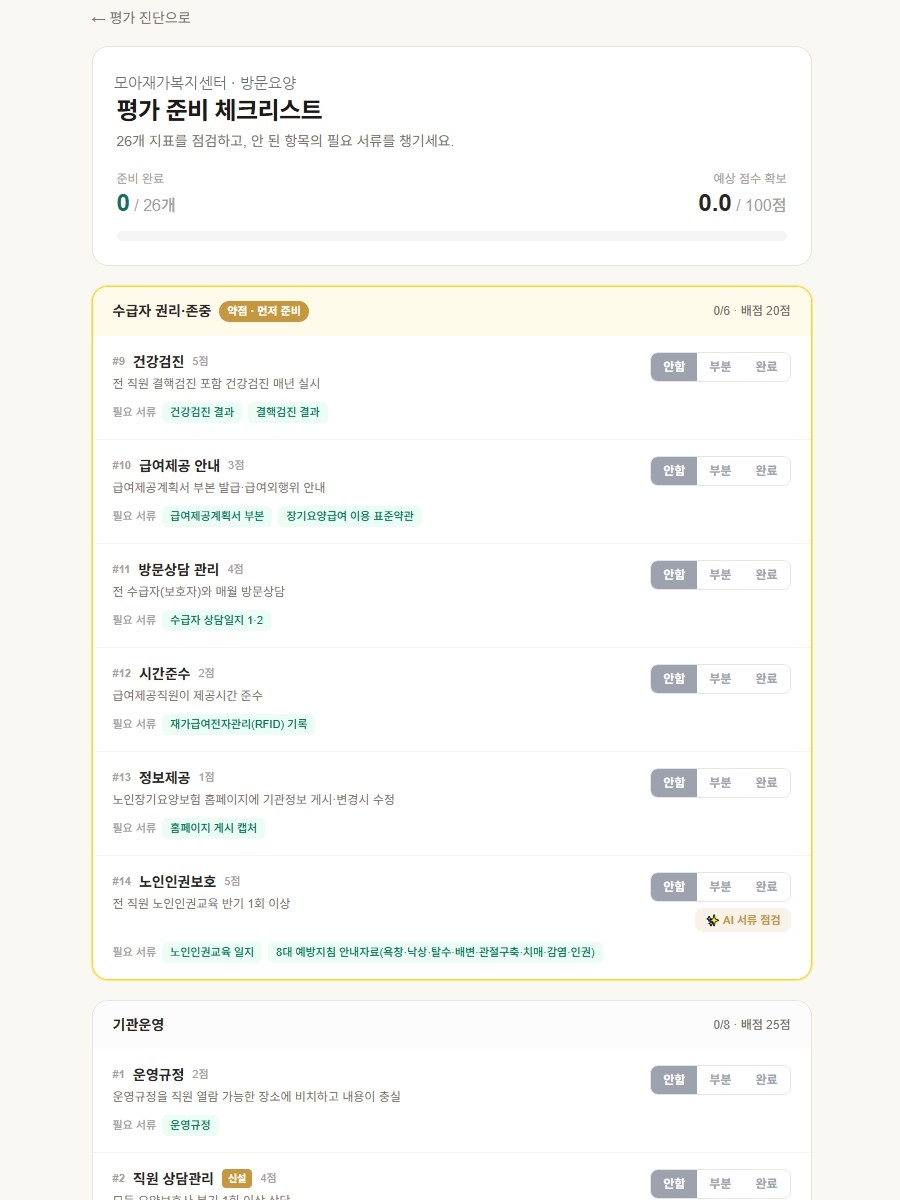 지표별 체크리스트 + AI 서류점검 (플래티넘)